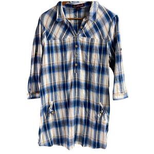 GLORIA VANDERBILT Womens Long Button Up Plaid Shirt Tunic Sz Medium Blue Plaid